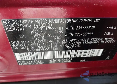 2019 Toyota Rav4 Adventure from USA, damaged, VIN 2T3J1RFV8KW011383